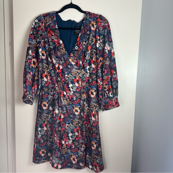 Sage Multicolored Velvet Floral Short Puffy Sleeve 3 Front Buttons Shift Dress S - Picture 4 of 16